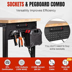 48" L×24”W Adjustable Workbench with Wheels, 28”-40”Height Heavy Duty Table 2000 LBS Load Capacity, Work Bench with Power Outlet & Pegboard, Rubber Wood Work Table for Garage, Office, Workshop