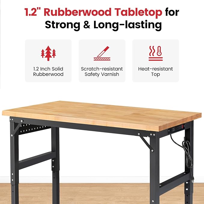 Workbench for Garage Adjustable Height 60 x 22 Inch Work Table with Wheels Heavy Duty Rubberwood Tabletop Workbench with Pegboard, Power Outlets for Woodworking Shop, Home, Office
