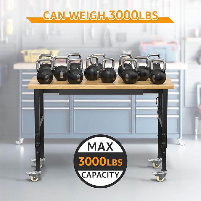 48" Adjustable Workbench,Heavy-Duty Work Table,3000 LBS Load Capacity Hardwood Workstation Outlets with Power Strips, Drawers and Wheels,for Workshop, Garage