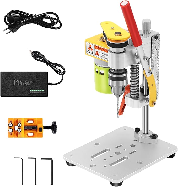 Mini Bench Drill Press, LAKIX Small Benchtop Drill Press High Precison, Low Noise, Compact Size Desktop Drilling Machine, 7-Speed B10 Chuck for Handicraft, DIY Jewelry Making, Metal Wood Working