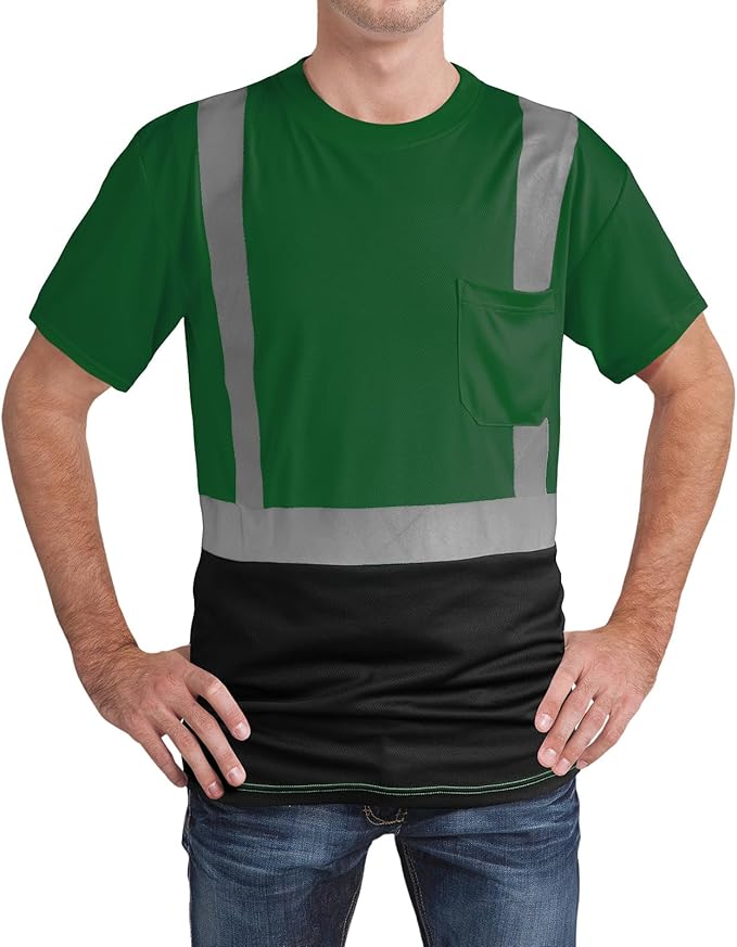High Visibility Shirts Quick Dry Safety T Shirts with Reflective Strips and Pocket Short Sleeve Mesh Hi Vis Construction Work Class 2 Shirt for Men/Women Black Bottom Green,6XL