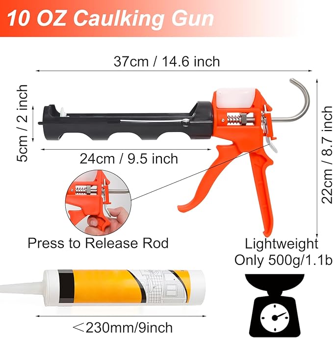 Caulking Gun, Silicone Sealant Caulk Gun for Caulking/Filling/Sealing, No Drip Hand Caulk gun with Ergonomic Grip,18:1 Thrust Ratio, Iron Smooth Rod for 10oz Caulk tubes