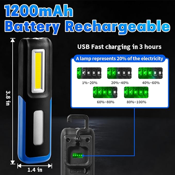 Rechargeable LED Flashlight Magnetic Light, Portable Work Light Trouble Lights Lamp for Mechanics, Compact Reliable and Super Bright Flash Light for Tool Gifts for Men(Blue)