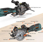 Circular Saw, 5.8A 4-1/2" Circular Saw w/Laser, Metal Auxiliary Handle, 6 Blades (4½", 4¾"), Cutting Depth 1-11/16" (90°), 1-3/8" (45°), Ideal for Wood, Soft Metal, Plastic, Tile - MCS01A