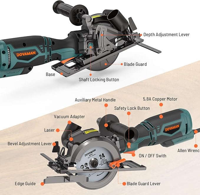 Circular Saw, 5.8A 4-1/2" Circular Saw w/Laser, Metal Auxiliary Handle, 6 Blades (4½", 4¾"), Cutting Depth 1-11/16" (90°), 1-3/8" (45°), Ideal for Wood, Soft Metal, Plastic, Tile - MCS01A