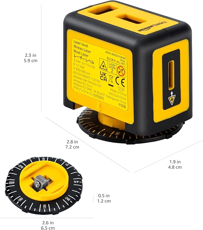 Amazon Basics 360 Degree Rotating Laser Class II Level with 2 Extra-Large backlit bubble vials, 16 ft / 192 in, Yellow/Black