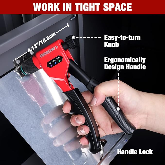 Arrow Rivet Nut Tool, 8" Rivet Nut Gun Kit Designed for Tight Space, Rivet Nut Setter with 3 Pcs Mandrels (8-32, 10-24, 1/4-20), 75 Pcs Rivnuts and 3 Pcs Drills, Sturdy Case Packed