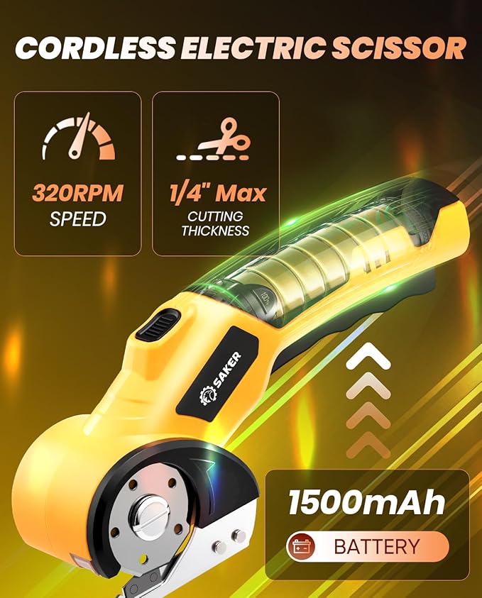 Saker Cordless Electric Scissors,Cardboard Box Cutter,4V Rechargeable Rotary Cutter with Safety Lock & LED Light,Cardboard Cutter for Cutting of Fabric, Leather, Carpet, Plastic, and More(2 Blades)