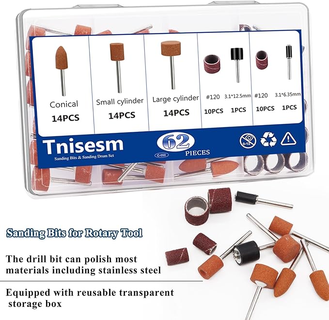 Tnisesm 64Pcs Sanding Bits & Sanding Drum Set for Dremel Rotary Tool with Box, Aluminium Oxide Tough Enough to Metal Rust Removal/Smoothing/Sharpening, Different Shape Meet More Needs