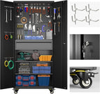 71" Metal Garage Storage Cabinet with 16 Hooks and Pegboards,1 Drawer Inside Rolling Tool Storage Cabinet with Adjustable Shelves,3 Metal Hanging Rod for Garage,Warehouse