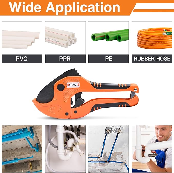 AIRAJ- PVC Pipe Cutter | Cuts up to 1-3/4" (1.75'') | Ratcheting PVC Cutter Tool | PEX Pipe Cutter | V Shaped SK5 Steel Blade | Suitable for PVC/CPVC/PP/PEX/PE Plastic Pipe Cutters