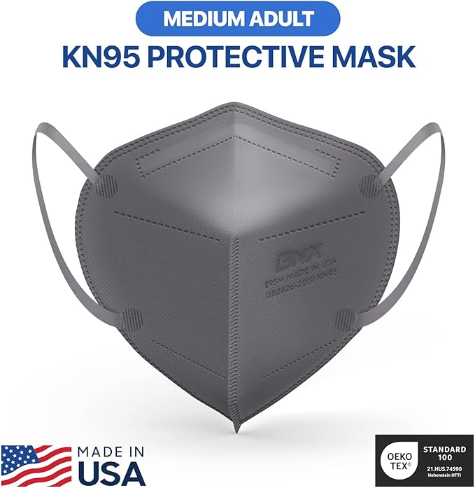 BNX KN95 Face Masks Made in USA (Adult Large, Adult Medium, Kids Small) (Earloop) (Model: E95/E95M/E95S)