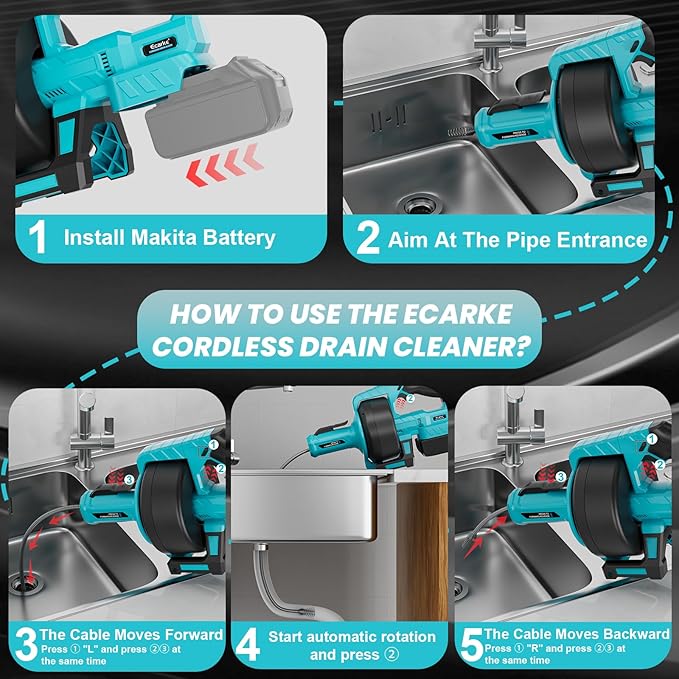 Ecarke Cordless Drain Auger 25Ft Compatible with Makita 18V Battery: 610 RPM Electric Plumbing Snake Drain Auger Spiral Machine, Powerful Drain Cleaner With Towel & Gloves for Kitchen,Sewer(Tool Only)
