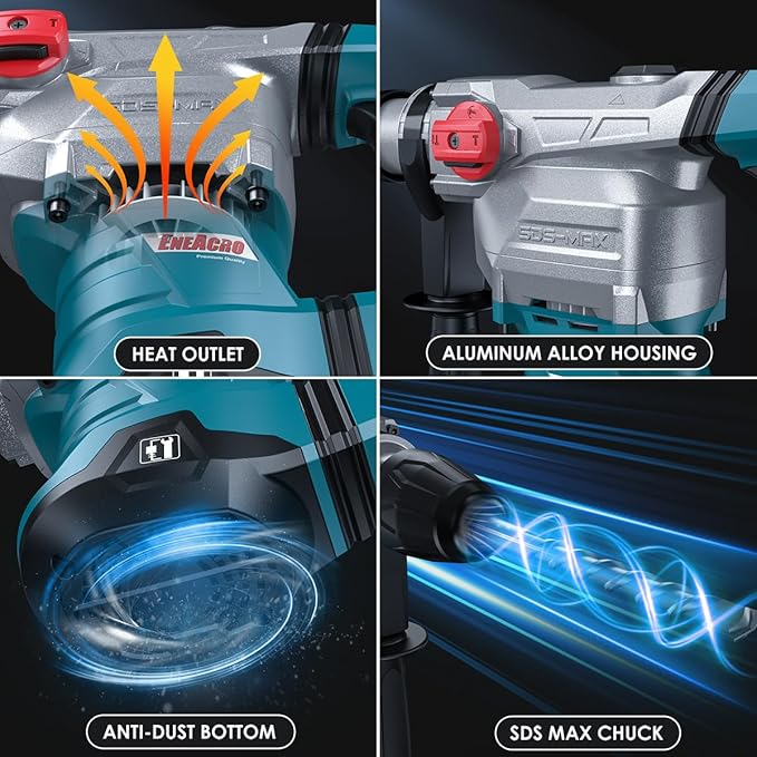 ENEACRO SDS-Max Heavy-Duty Rotary Hammer Drill 9 Ft.lbs, 3 Functions with Safety Clutch & Vibration Control 1-9/16" Drilling Capacity in Concrete– Includes Chisel, Drill Bit, and Tool Bag