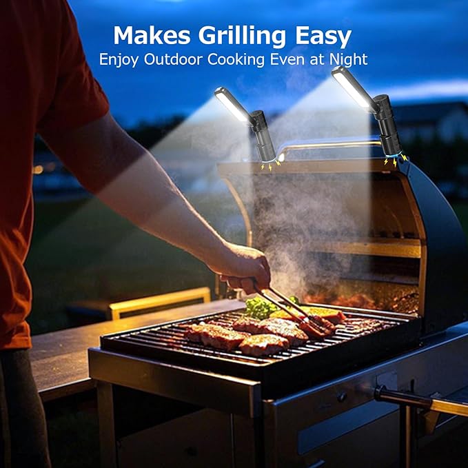 2 Pcs Rechargeable LED Work Light BBQ Grilling Accessories with Magnetic Base, 180° Rotate Mechanic Grill Light for Car Repair, Emergency, Camping, Outdoor & Mechanics Tools