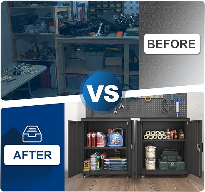 GREATMEET Metal Storage Cabinet with Locking Doors and Adjustable Shelves,31.5" H Lockable Rolling Garage Storage Cabinets with Wheels for Office,Home,Garage,Classroom Black