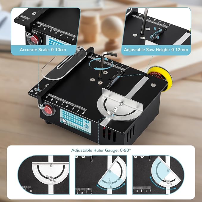 Mini Table Saw-96W Dual Motor 12MM Cut Depth, 0-90° Angle Adjustment 4 Blades Set & Compact for Wood Crafts, PCB, Acrylic DIY Hobby Saws