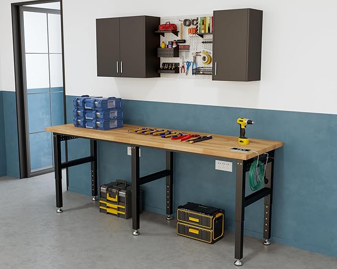 SPECRAFT 72“ Adjustable Heavy Duty Workbench with 4 AC Outlet and 2 USB Ports Power Outlets, 5000 Lbs Capacity, Rubber Wood Top for Garage, Workshop, Office
