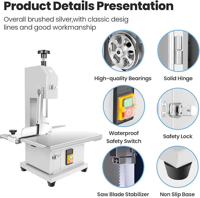 1500W Commercial Bandsaw Machine, 19x14" Stainless Steel Worktable, Cuts 0.04-5.0" Thickness Electric Bone Saw Machine, Frozen Meat Cutter with 8 Blades Included, for Rib Pork Beef