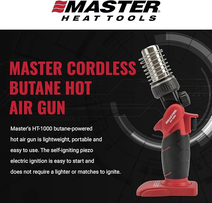 Master Appliance HT-1000 Cordless Butane Heat Gun with Shrink Reflector - Refillable, Portable Hot Air Tool for Heat Shrink Tubing, Electrical and Automotive Repairs