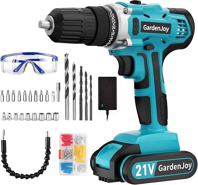 GardenJoy Cordless Power Drill Set - 21V Electric Drill Driver Kit with Battery and Fast Charger, 65pcs Acessories, 2 Variable Speed Control, 3/8-Inch Keyless Chuck and 24+1 Torque Setting
