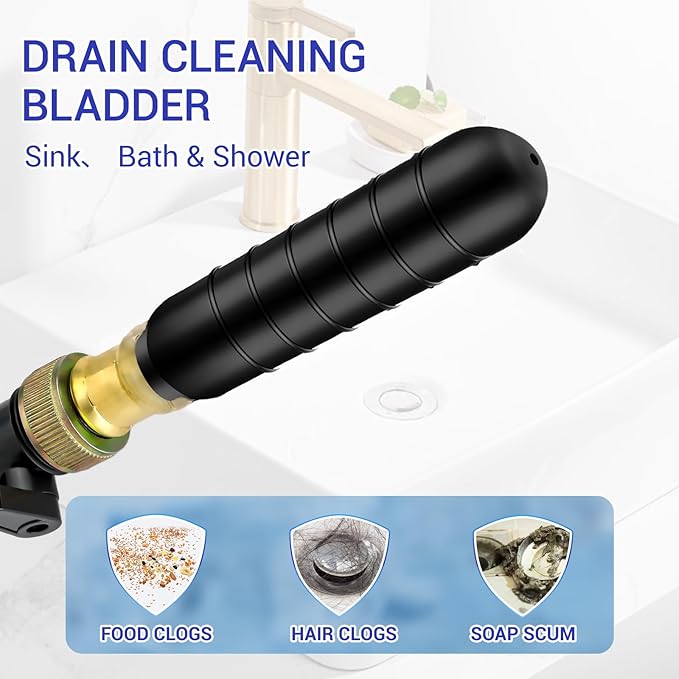 Drain Cleaning Bladder- Fits 1" to 2" Pipes, 3/4" Hose Thread Valve,Ideal for Sinks, Showers, Tubs & Sewer Lines, Rubber, Easy Daily Use, Cold Water Only (S:1" to 2")