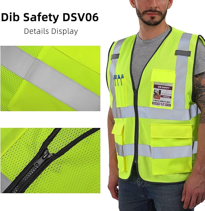 Dib Safety Reflective Vest Mesh, High Visibility Vest with Pockets and Zipper, Construction Work Vest ANSI Class 2, Yellow Mesh 4XL