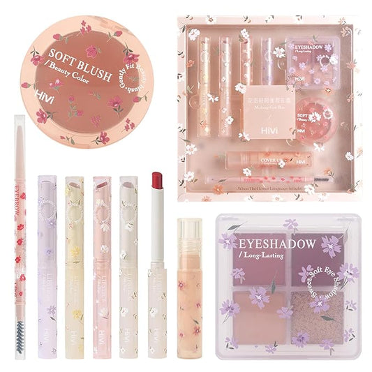 Makeup Kit for Girls, 8 Pieces Makeup Set, Include 4 Color Lipsticks and Eyeshadow, Eyebrow Pencil, Concealer, Blush Palette, Ideal Gift for Girls-VeraVaultWomen