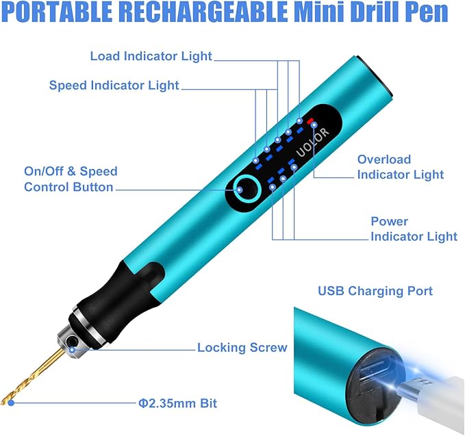 3-Speed Cordless Mini Drill Pen, Rechargeable DIY Electric Hand Drill with 10 Small Drill Bits, Micro Drill Set for Jewelry Making Stone Plastic Resin Keychains