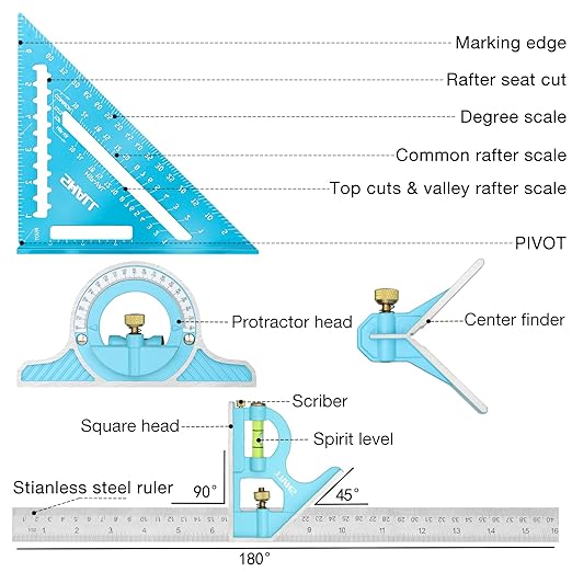 SHALL Rafter Square & Combination Square Tool Set, 7 Inch Aluminium-Alloy Carpenter Square & 16 Inch Zinc-Alloy Woodworking Framing Combo w/Stainless Steel Ruler, 2 Carpentry Pencils, Scriber