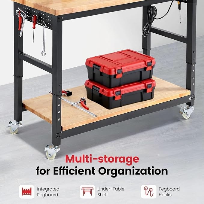 Workbench with Wheels 60 x 22 Heavy Duty Rubberwood Tabletop Work Bench Adjustable Height Garage Work Table with Under Table Shelf, Sided Pegboard, Power Outlets for Home Office