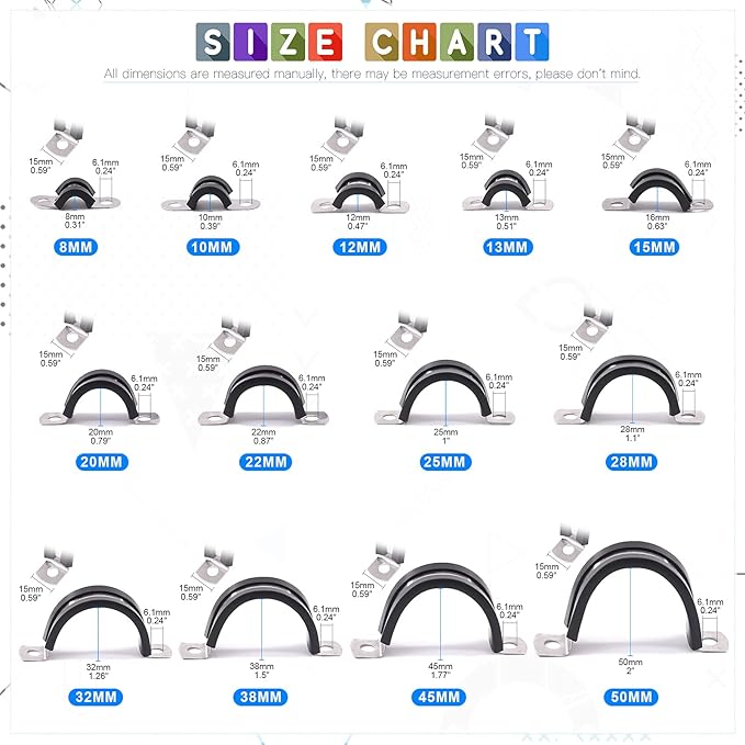 Glarks 16Pcs 25MM 2 Hole U-Tube Strap Clamp Set 304 Stainless Steel Rubber Cushion Rigid Pipe Strap U Bracket Tube Strap Assortment Kit For Pipe Tube Fixing (25mm)