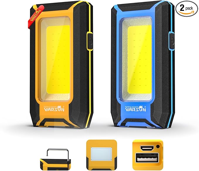 WARSUN 2PC LED Work Light Rechargeable, Magnetic COB Portable Worklights, 40w 1500 Lumens,Metal Hanging Hook 3 Lighting Modes, Job Site Lighting for Car Repairing,Camping,Hunting,Yellow Blue