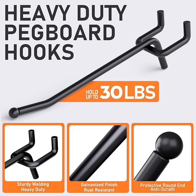 INCLY 36 Pack 4/6/8 Inch Black Pegboard Hooks, 1/4" Heavy Duty Peg Board Shelving Hooks Accessories, Peg Board Tool Hangers Fit 1/4" Pegboard for Organizing Garage, Craft Room, Kitchen, Store