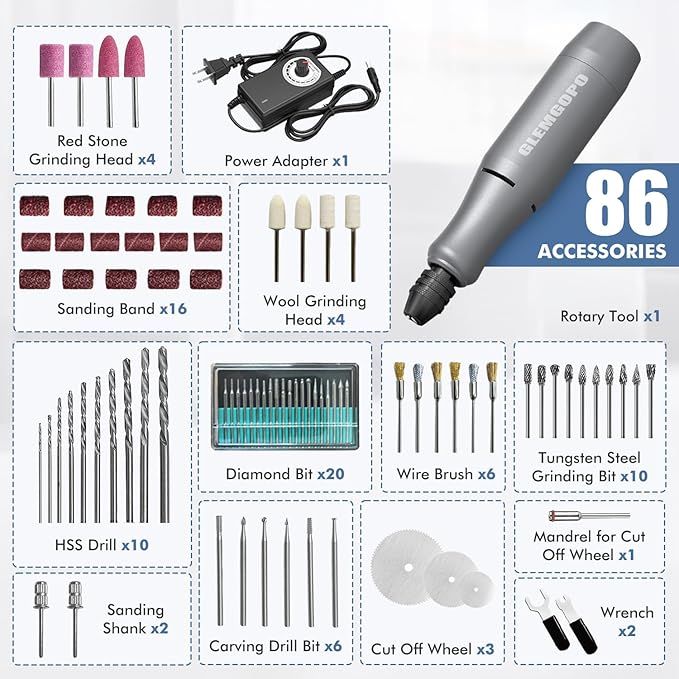 Mini Rotary Tool Kit with Copper Core Motor & 86 Accessories, Variable Speed 0-18,000 RPM, 3-24V Regulated Power for Engraving, Sanding, Polishing, Drilling, DIY Crafts