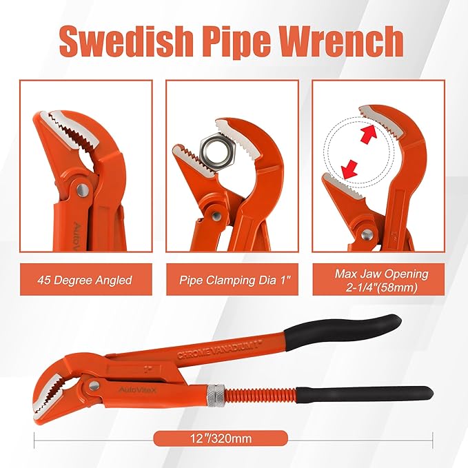 12-Inch Swedish Pipe Wrench, Heavy Duty Adjustable Plumbing Wrench with 45°Angled Jaw for All Types of Nuts, Water Pipes