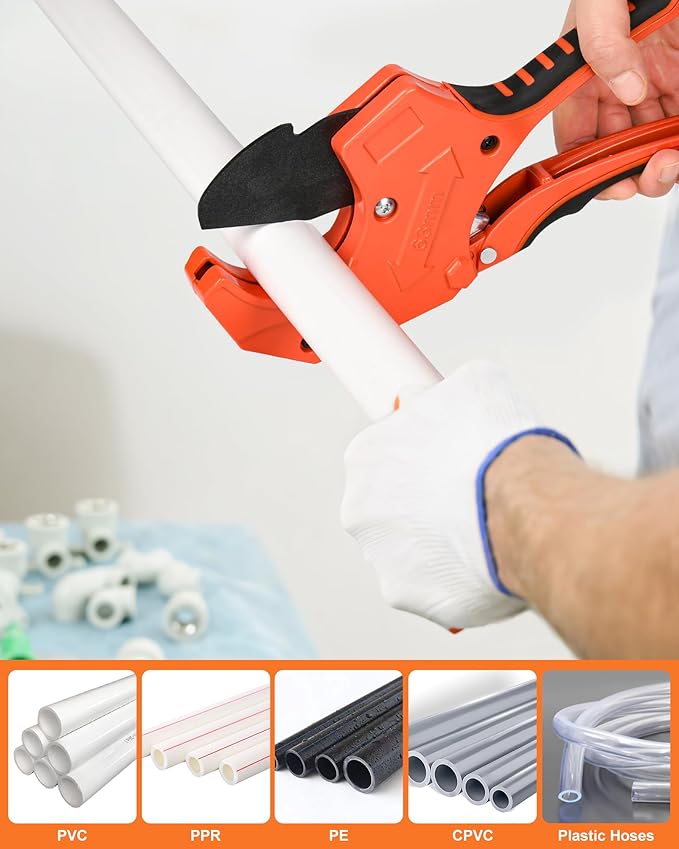 PVC Pipe Cutter with Replacement Blade, Cuts up to 2-1/2”, Heavy Duty Aluminum Ratcheting PVC Cutter Tool for Cutting PVC CPVC PP PEX PPR PE Plastic Pipe Cutter Hose Tube Exhaust Pipe Cutter