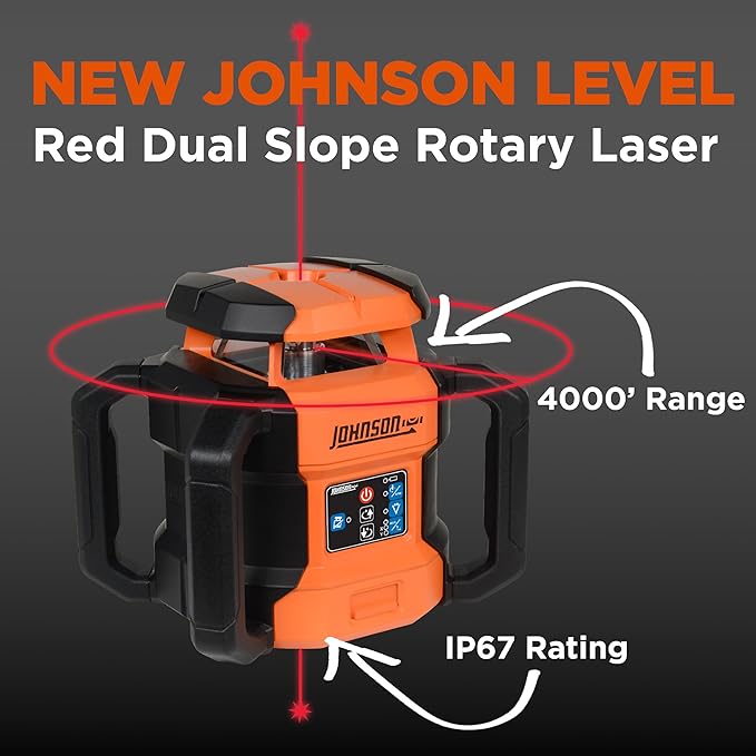 Johnson Level & Tool JRT300-RDHV-K Self-Leveling Red Dual Slope Rotary Laser Kit, 4,000FT Range, Hard-shell Carry Case, Lithium Ion Batteries, Magnetic Target, Laser Detector, Remote Control