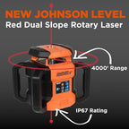 Johnson Level & Tool JRT300-RDHV-K Self-Leveling Red Dual Slope Rotary Laser Kit, 4,000FT Range, Hard-shell Carry Case, Lithium Ion Batteries, Magnetic Target, Laser Detector, Remote Control