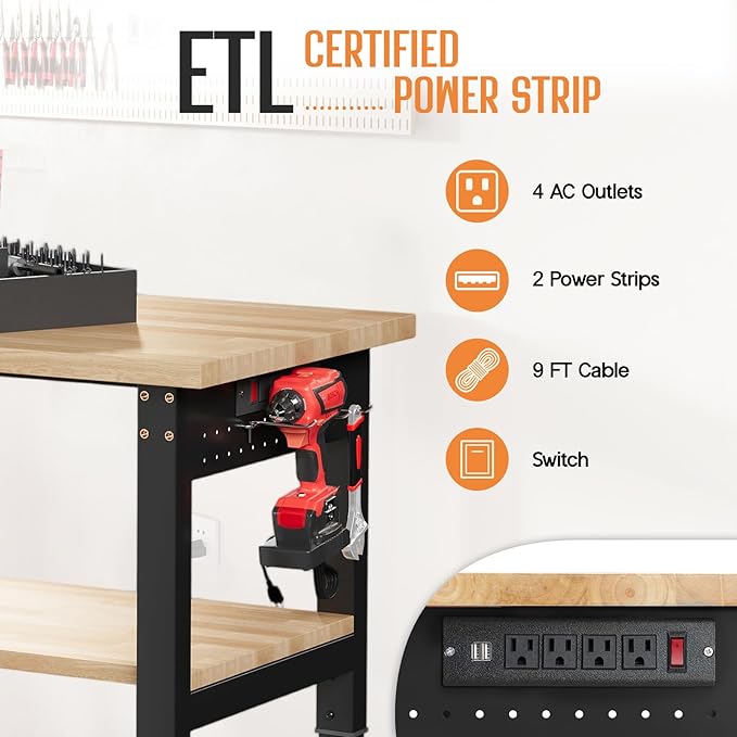 SPECRAFT Adjustable 2-Tier Workbench with 4 AC Outlet and 2 USB Ports Power Outlets, 2000 Lbs Capacity Heavy Duty Workbench, Rubber Wood Top for Garage, Workshop, Office（48x20in）