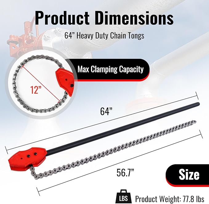 YHK Chain Pipe Wrench, 64” Heavy Duty Chain Tongs with 64" Chain Length, Heavy-Duty Chain Wrench for Pipe Installation, Repair, and Maintenance, Fit for 2"-12" Pipe Diameters