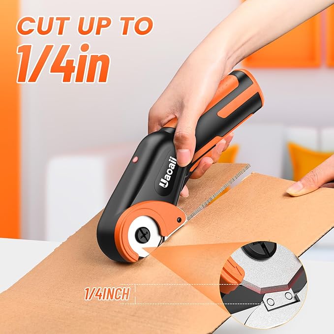 Cordless Electric Scissors, Electric Cardboard Box Rotary Cutter w/Replacement Blade & Storage Case, Safety Button, Power Carpet Cutter for Thin Cardboard Carpet Leather