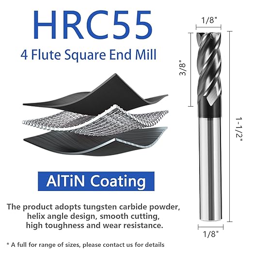 1/8" Carbide End Mill Bits Set for Alloy & Hardened Steels - Hrc55 Micro Grain, 4-Flute Milling Cutter with AlTiN Coating, CNC Router Bits, High-Performance Milling Bits