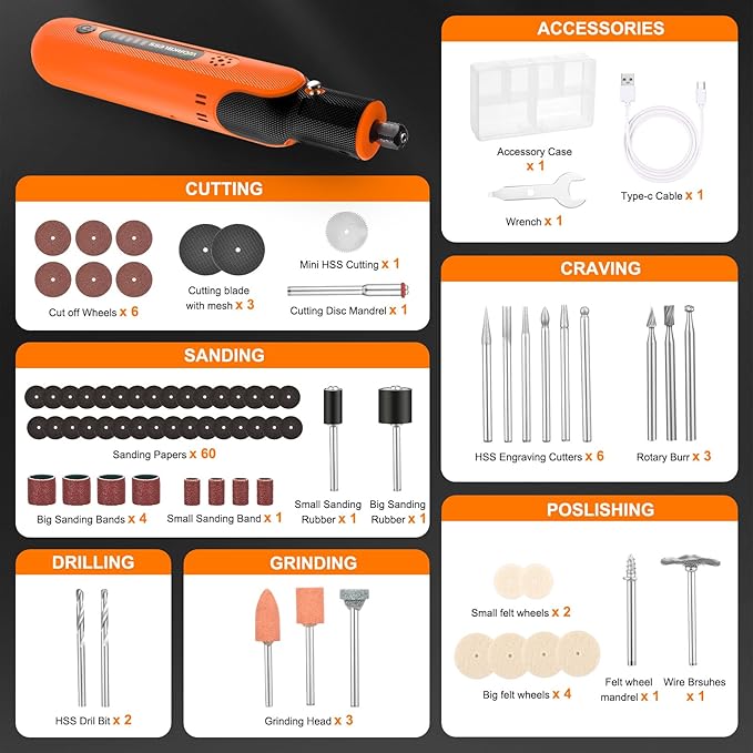 8V Cordless Rotary Tool Kit with 103pcs Accessories, USB-C Charging, 5-Speed 25000RPM mini cordless rotary tool， Power Rotary Tool for Engraving, Sanding, Drilling, Polishing, DIY Crafts
