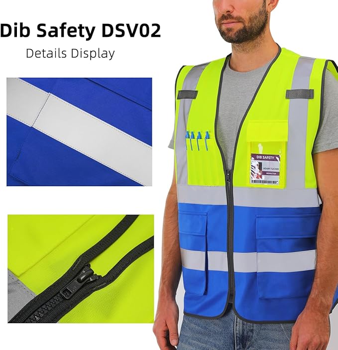 Dib Safety Reflective Vest High Visibility with Pockets and Zipper, Yellow and Blue 3XL