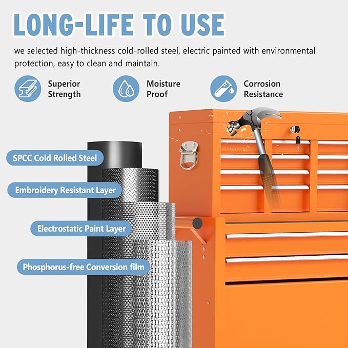 8 Drawer High Capacity Rolling Tool Chest, Metal Tool Box with Wheels and Drawers, Detachable Toolbox with Lock, Heavy Duty Tool Cabinet for Workshop, Warehouse and Garage (Orange)