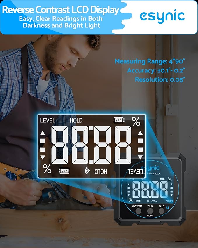 eSynic Portable Digital Angle Finder with Laser Waterpoof 4 Sides Magnetic Digital Inclinometer Level Box Backlight LCD Display Rechargeable Digital Angle Gauge (Laser Level Class II,Output: 0.51mW)