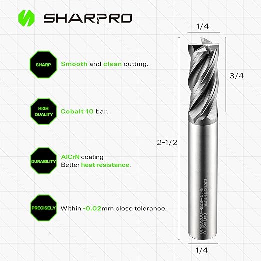 SHAPPRO 1/4 Inch Shank Carbide Square End Mill, 4 Flute CNC Milling Bits, Heat-Resistant Metal Cutting Bits Suitable Alloy Steel, Stainless Steel, Various Cast Iron（5PCS）