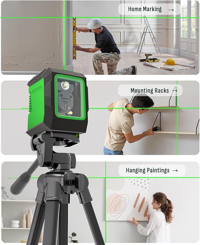 Laser Level with 50” Tripod, 360° Self Leveling Cross Line Laser Level, Green Beam Horizontal and Vertical Line leveler Tool for Hanging Pictures, Home Renovation with 4 AA Batteries & Carry Pouch