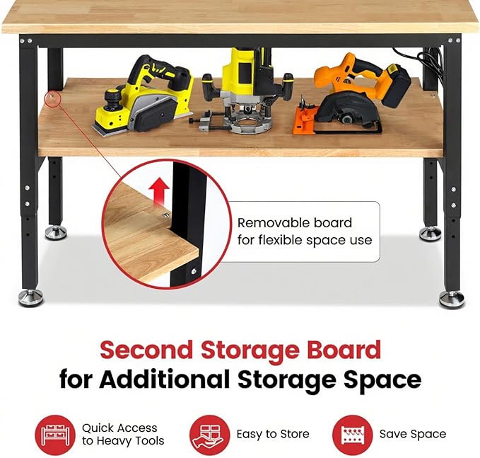Work Table for Garage 60 x 22 Inch Adjustable Height Workbench Heavy Duty Rubberwood Tabletop Work Bench with Power Outlets Pegboard Pad for Woodworking Shop, Home, Office